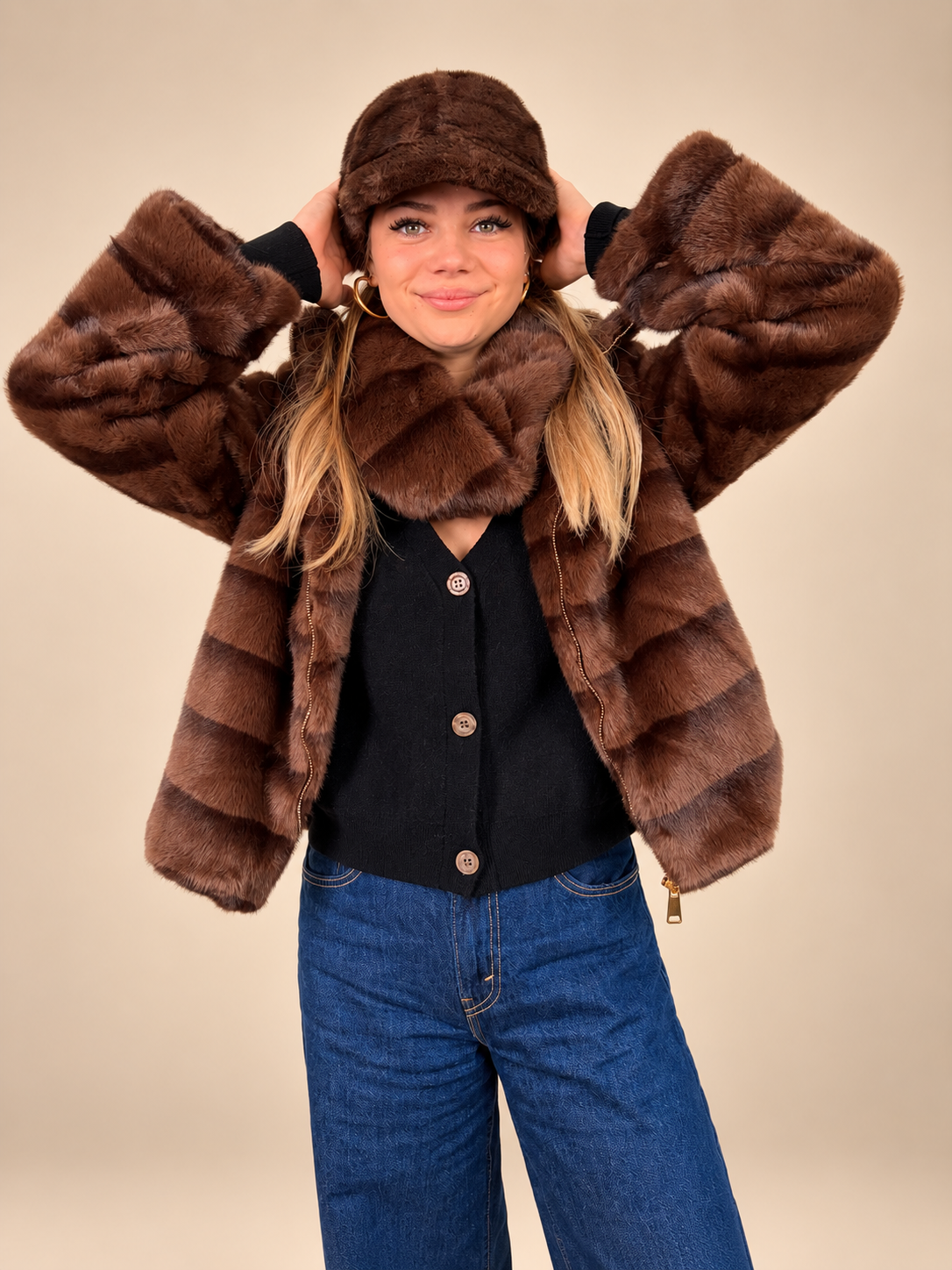 Kunstfelle Jacke gestreift mit Stehkragen