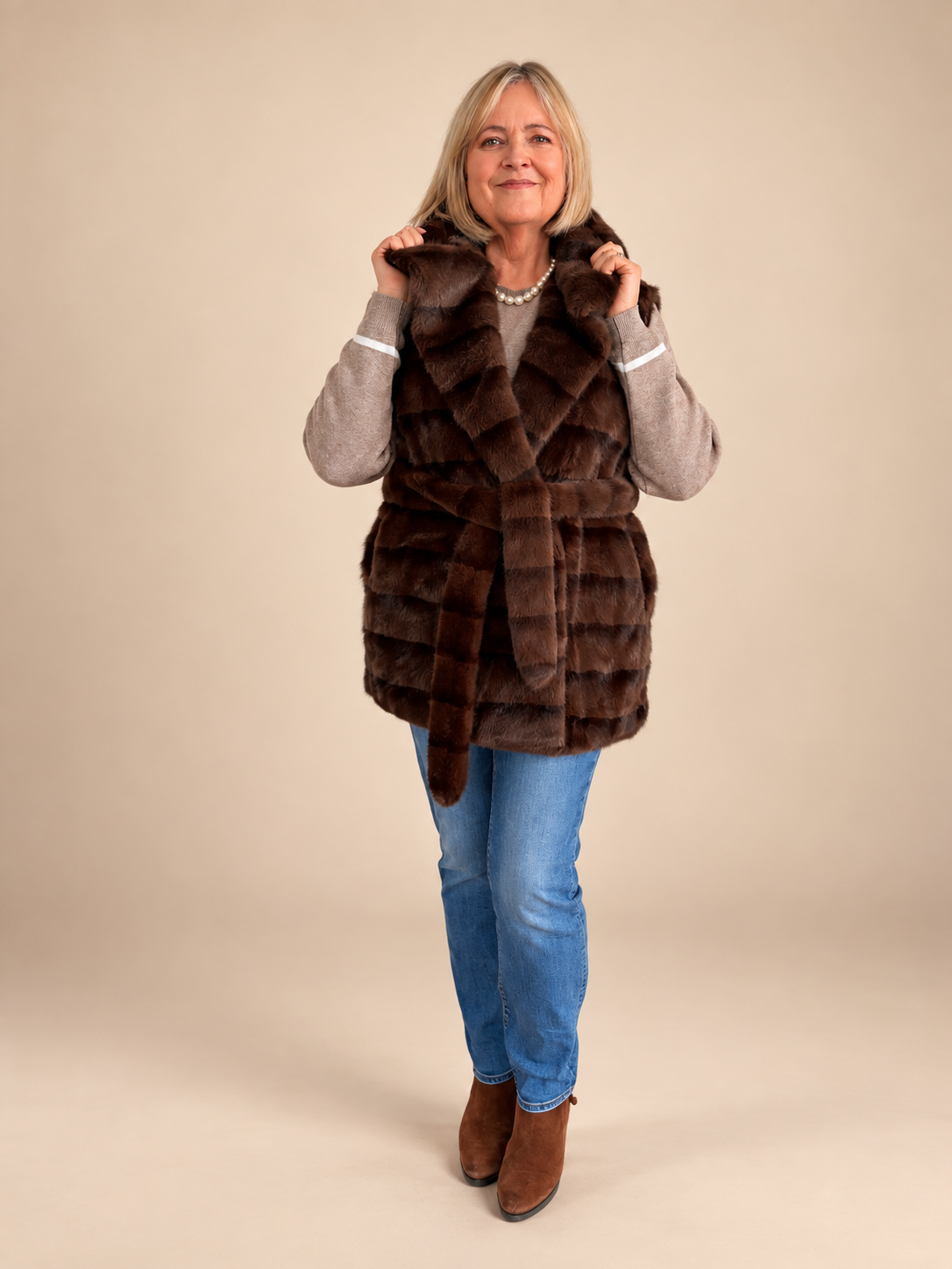 Kunstfell Gilet lang mit Kapuze und Gürtel