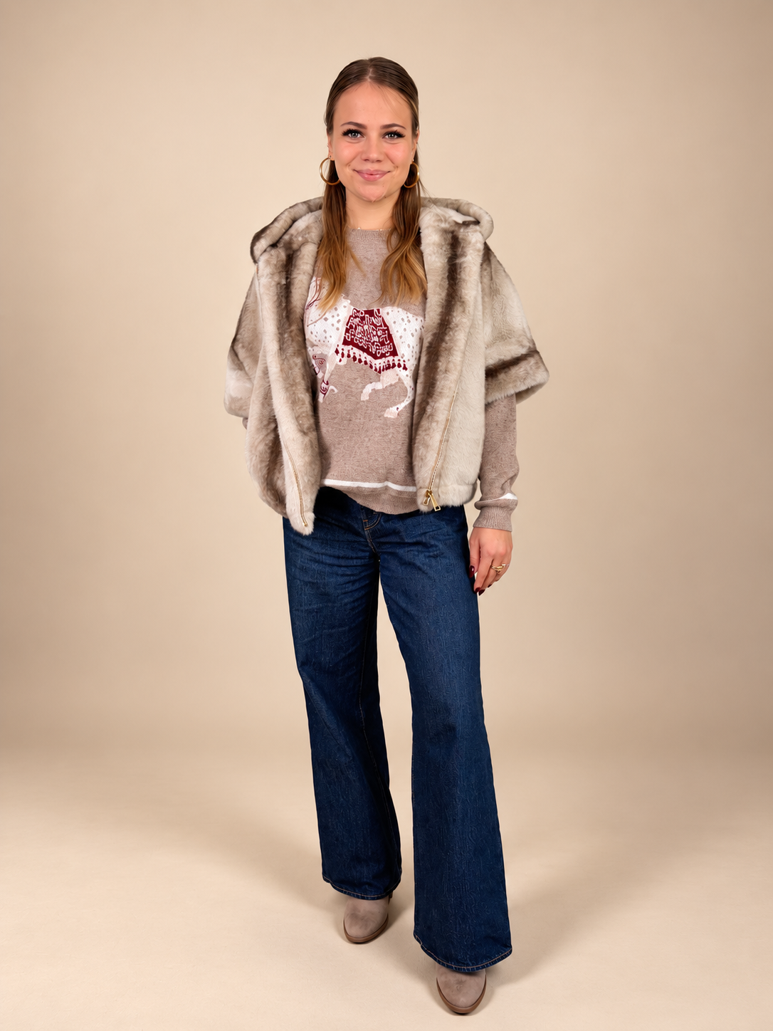 Kunstfell Jacke ¾ Arm mit Kapuze meliert
