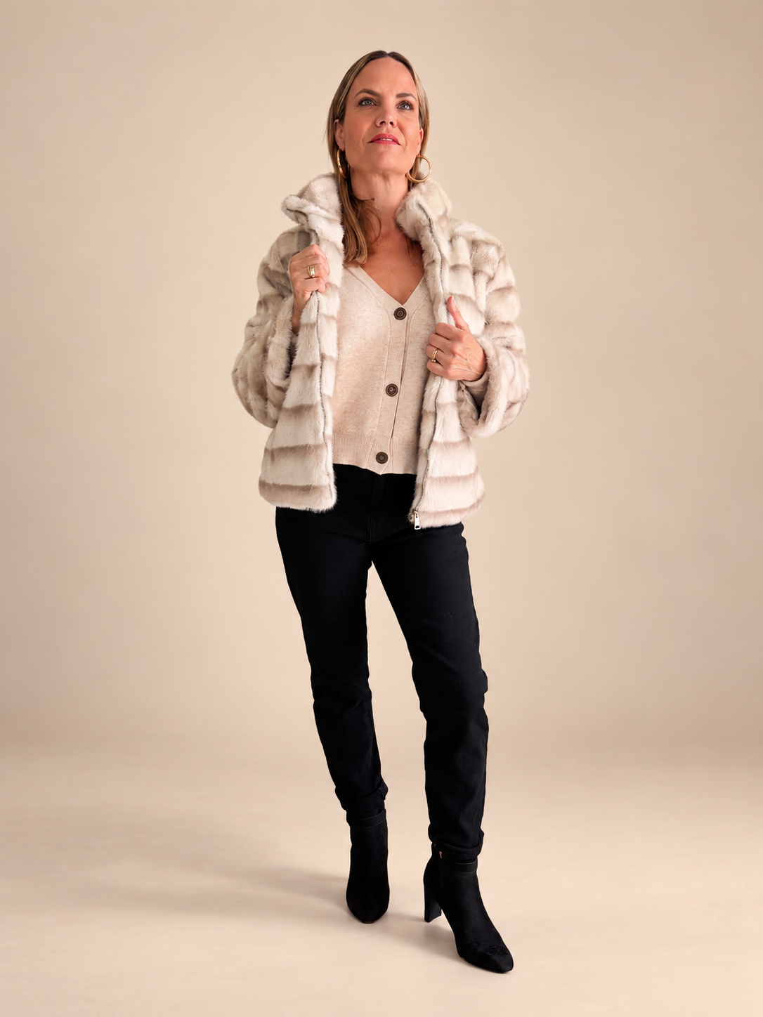 Kunstfelle Jacke gestreift mit Stehkragen