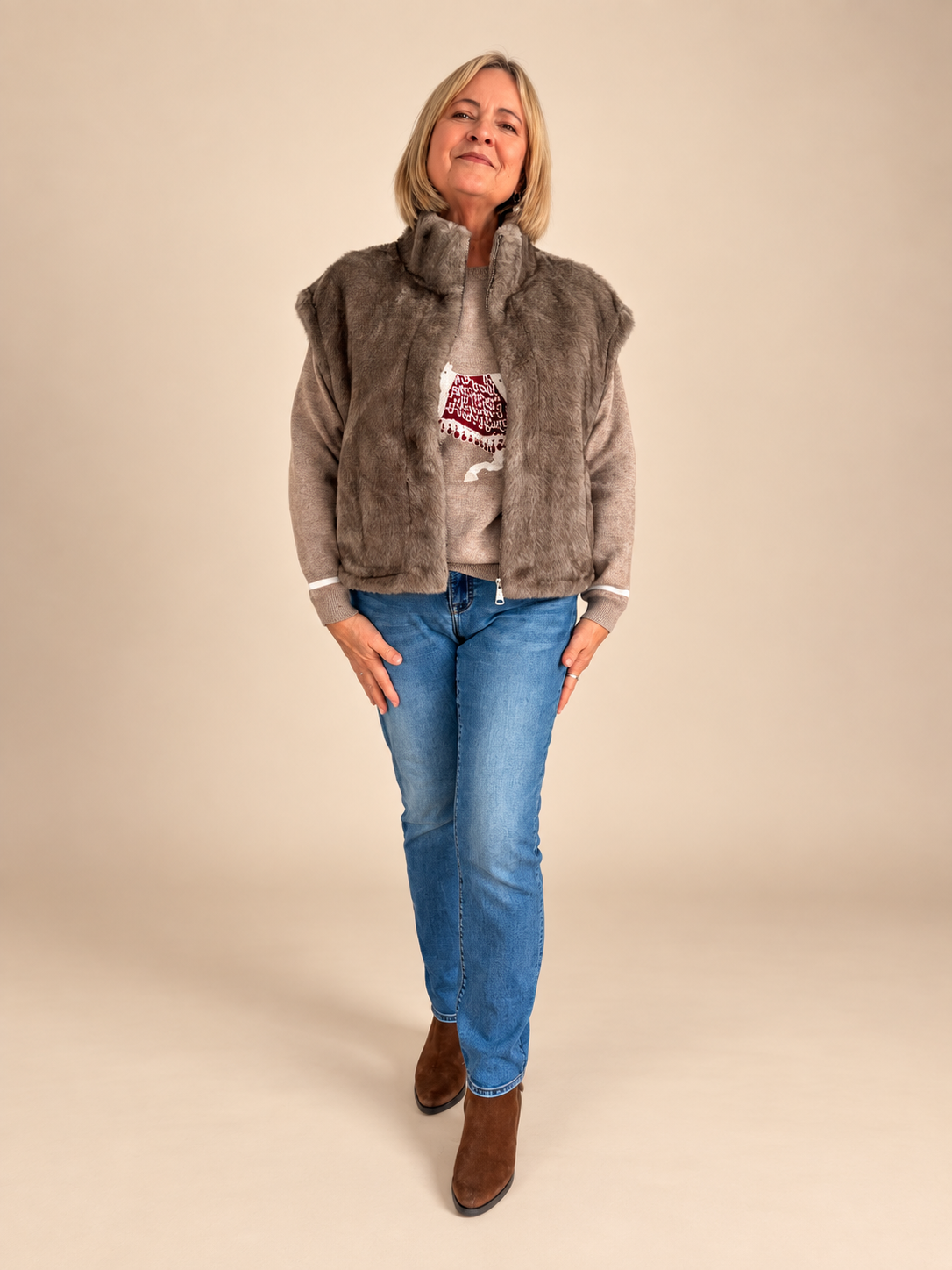 Kunstfell Gilet mit Brusttasche und Reisverschluss