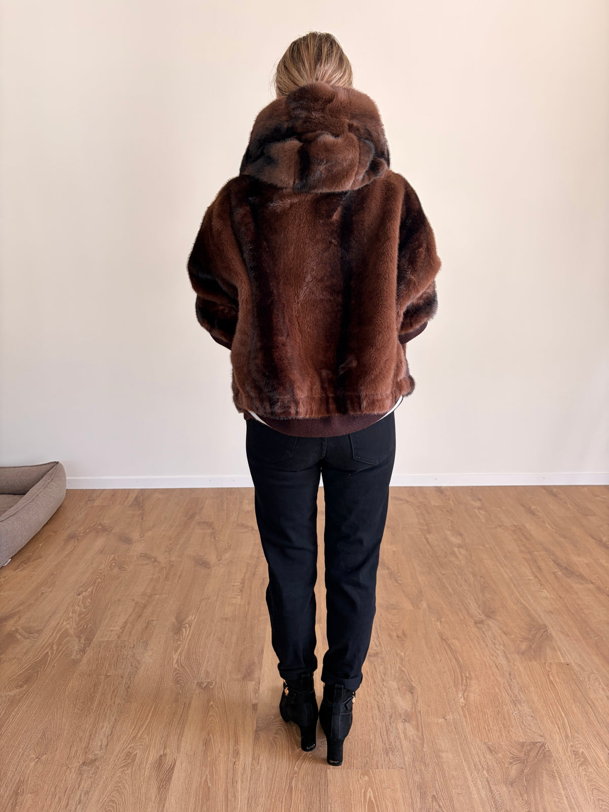 Kunstfell Jacke ¾ Arm mit Kapuze meliert